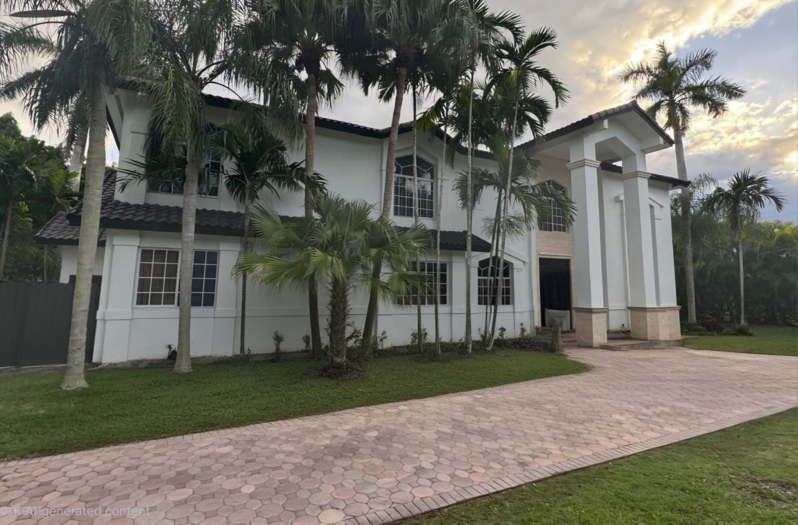 Home with driveway and palms